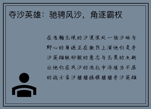 夺沙英雄：驰骋风沙，角逐霸权
