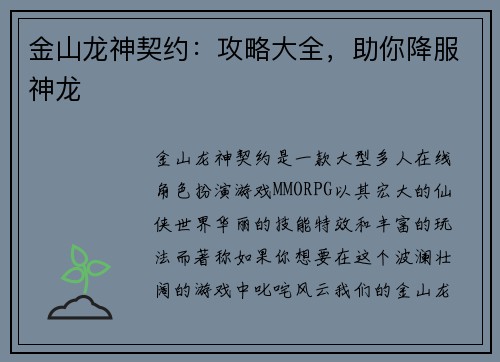 金山龙神契约：攻略大全，助你降服神龙